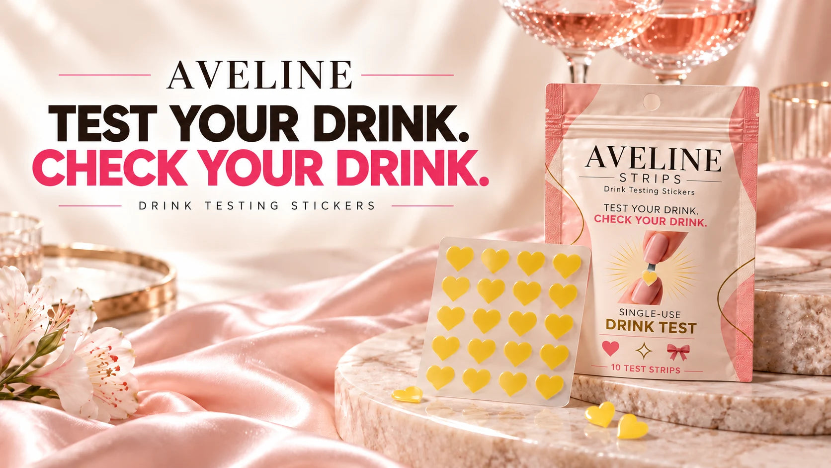 Aveline drink testing stickers in a blush and gold setting